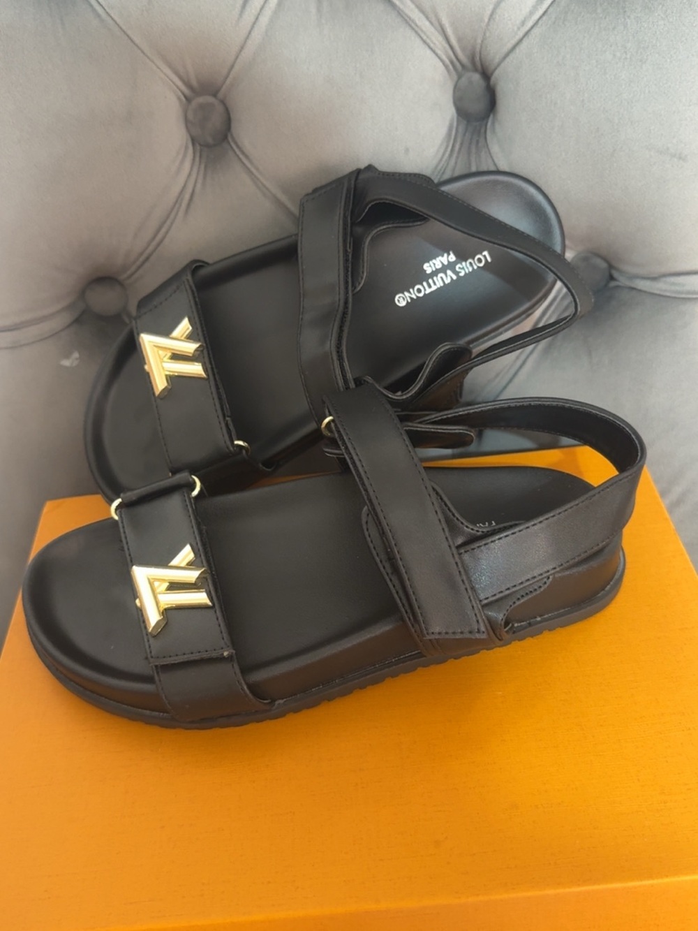 Louis Vuitton Black Leather Slingback Sandals with Gold LV Emblem - Picture 2 of 2